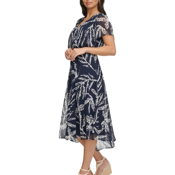 DKNY Printed Chiffon Flutter-Sleeve Midi Dress | Navy/Ivory | NWT | Size 6 - Picture 6 of 7